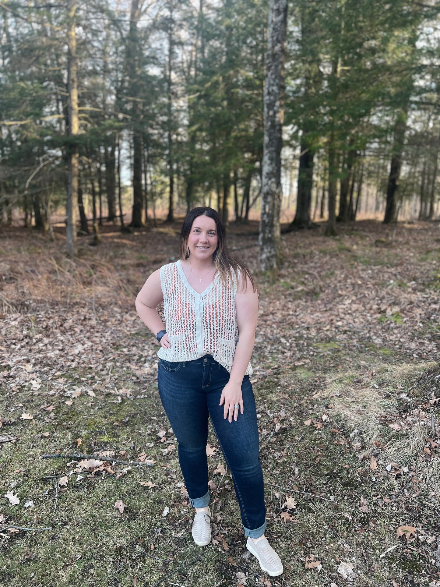 White Beige Button Down Crochet Top