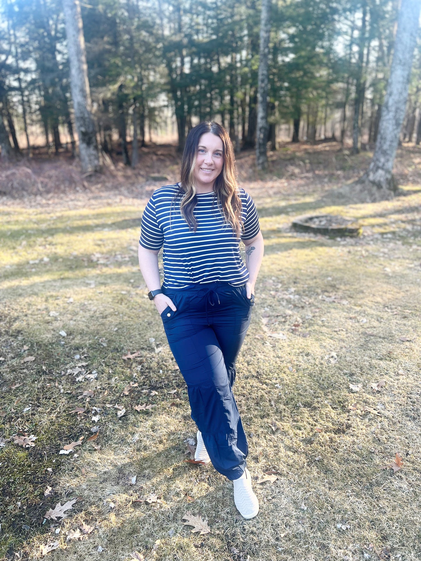 Navy Blue Striped Bows in Back Tee