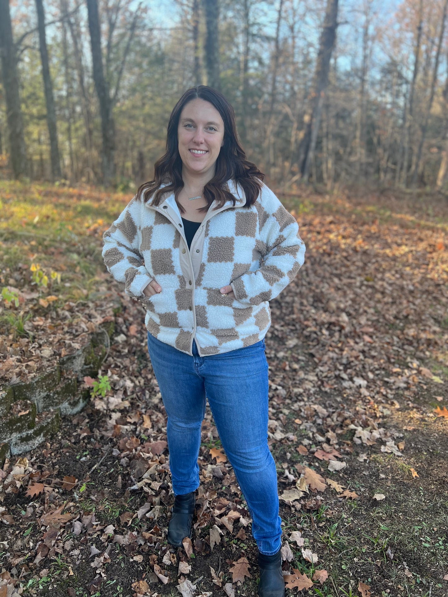 Checkered Brown Snap Button Sherpa Jacket