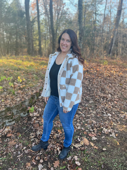 Checkered Brown Snap Button Sherpa Jacket