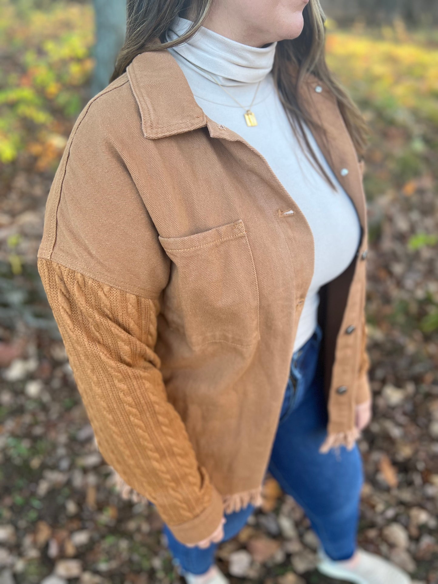 Textured Knit Sleeves Distressed Hem Brown Jacket