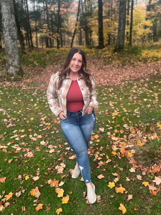 Brown Plaid Button Down Crop Shacket