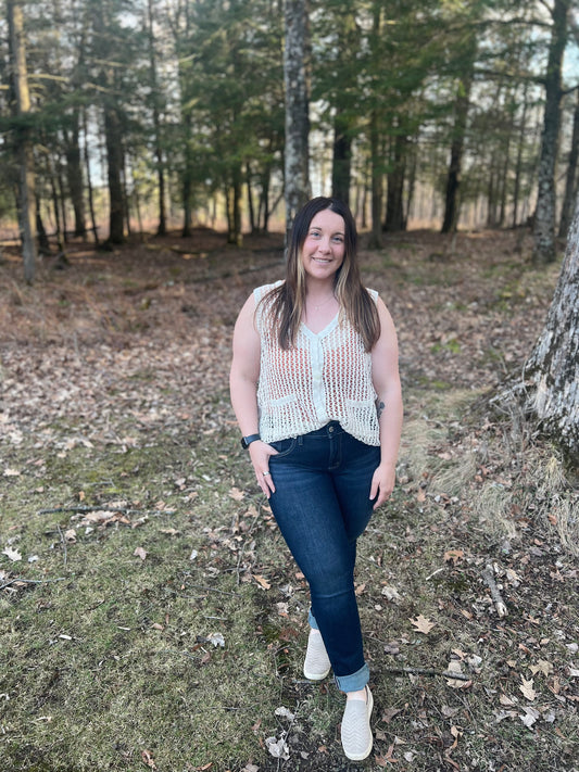 White Beige Button Down Crochet Top