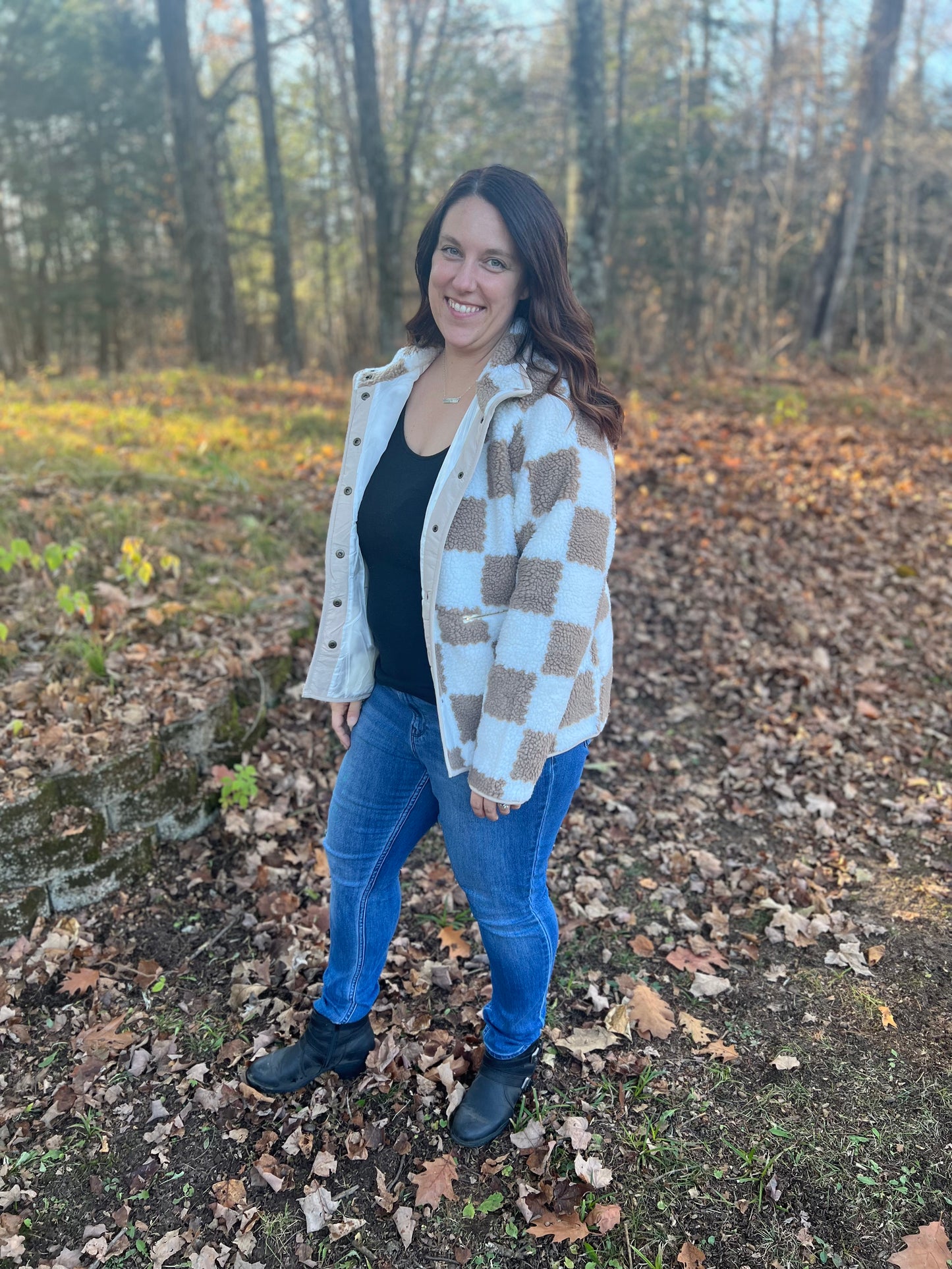 Checkered Brown Snap Button Sherpa Jacket