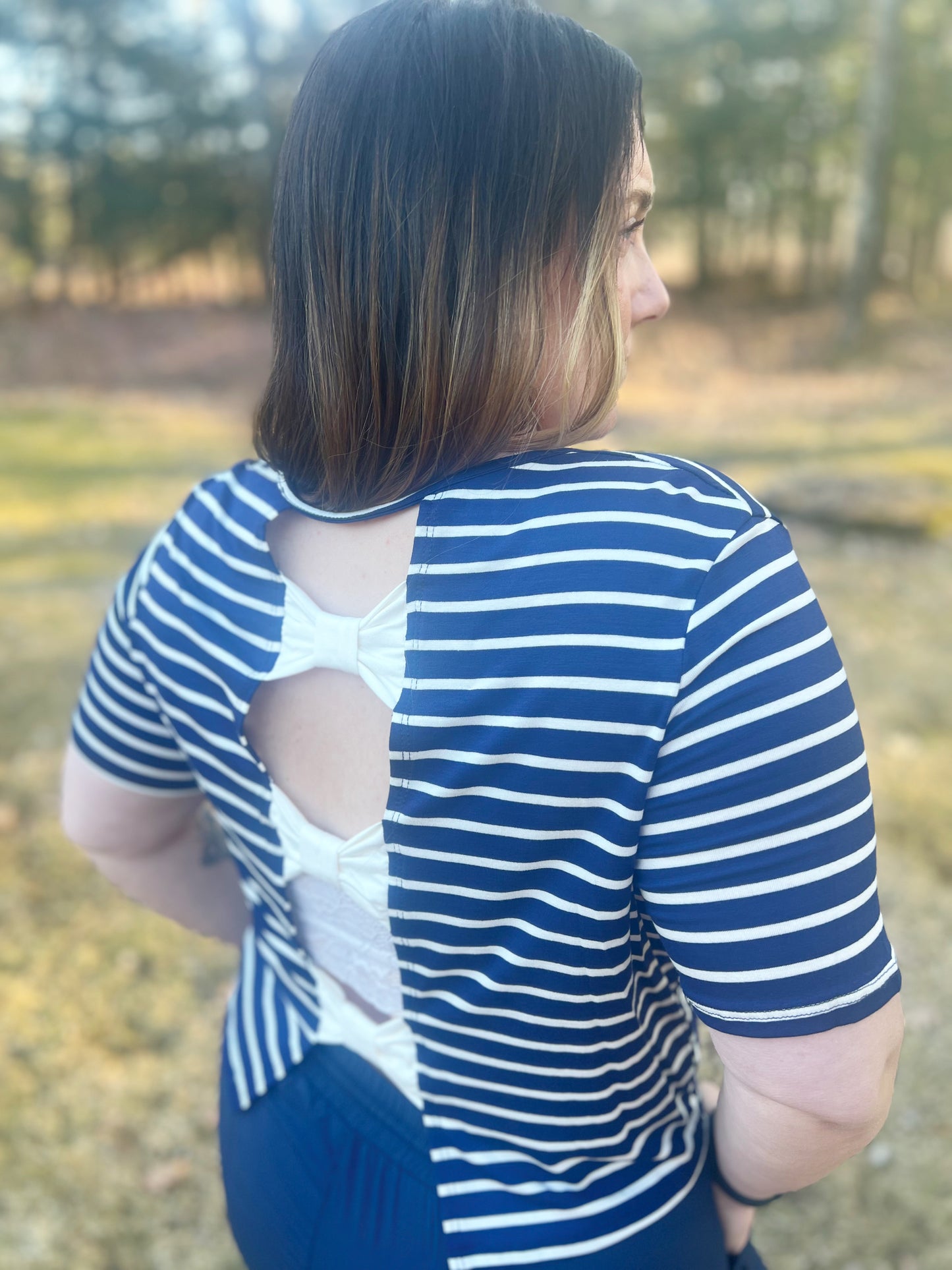 Navy Blue Striped Bows in Back Tee