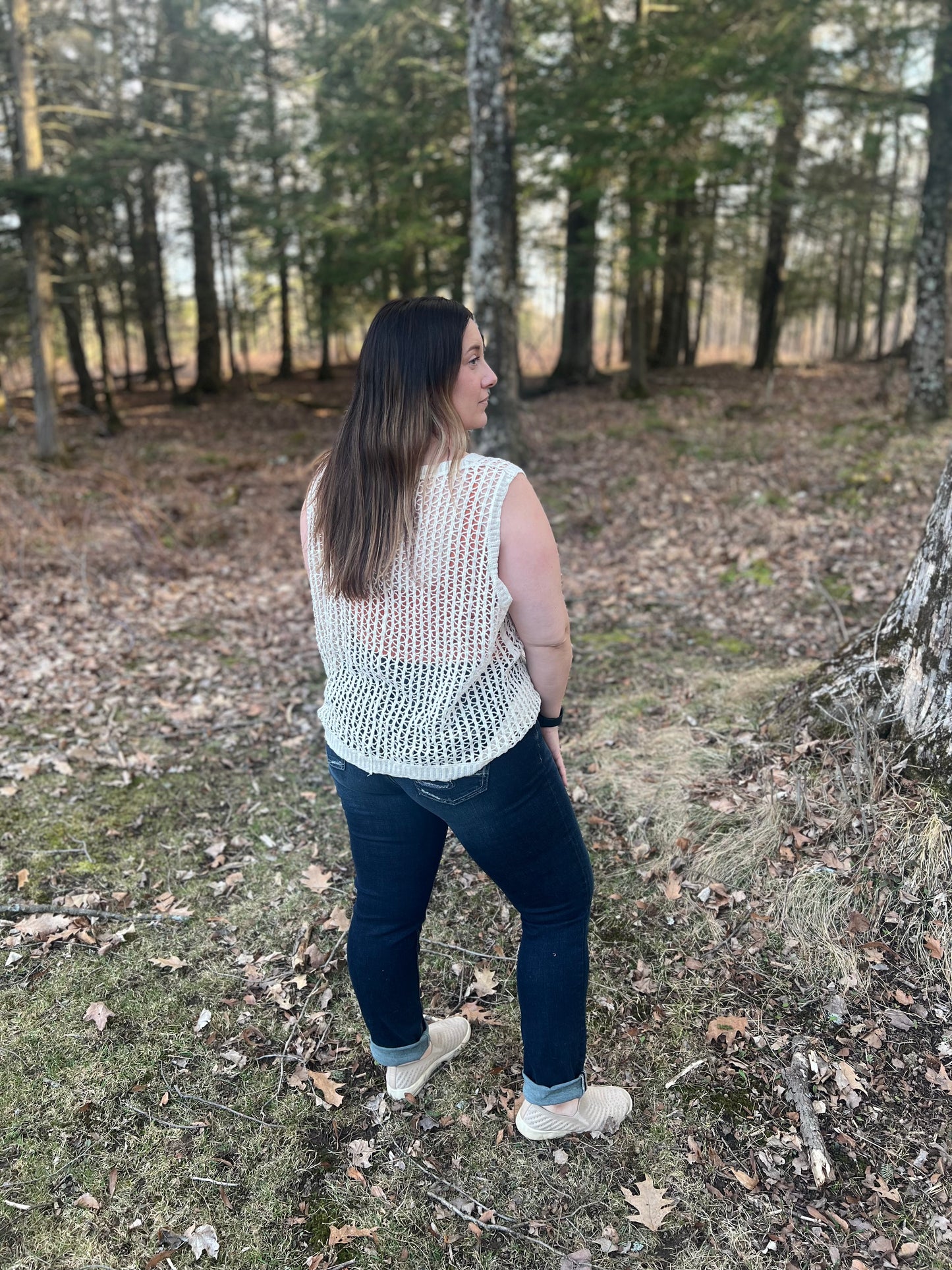 White Beige Button Down Crochet Top