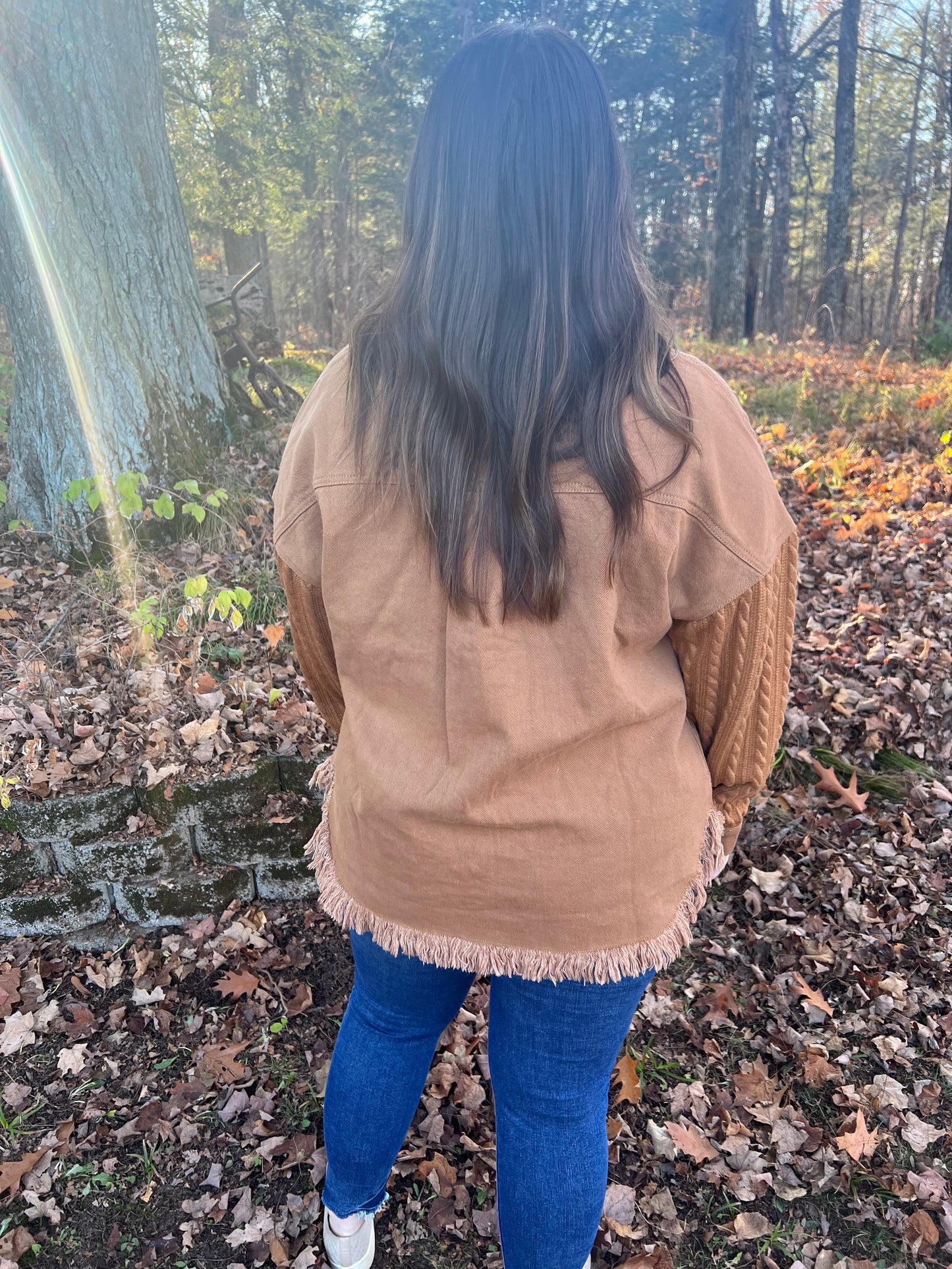 Textured Knit Sleeves Distressed Hem Brown Jacket