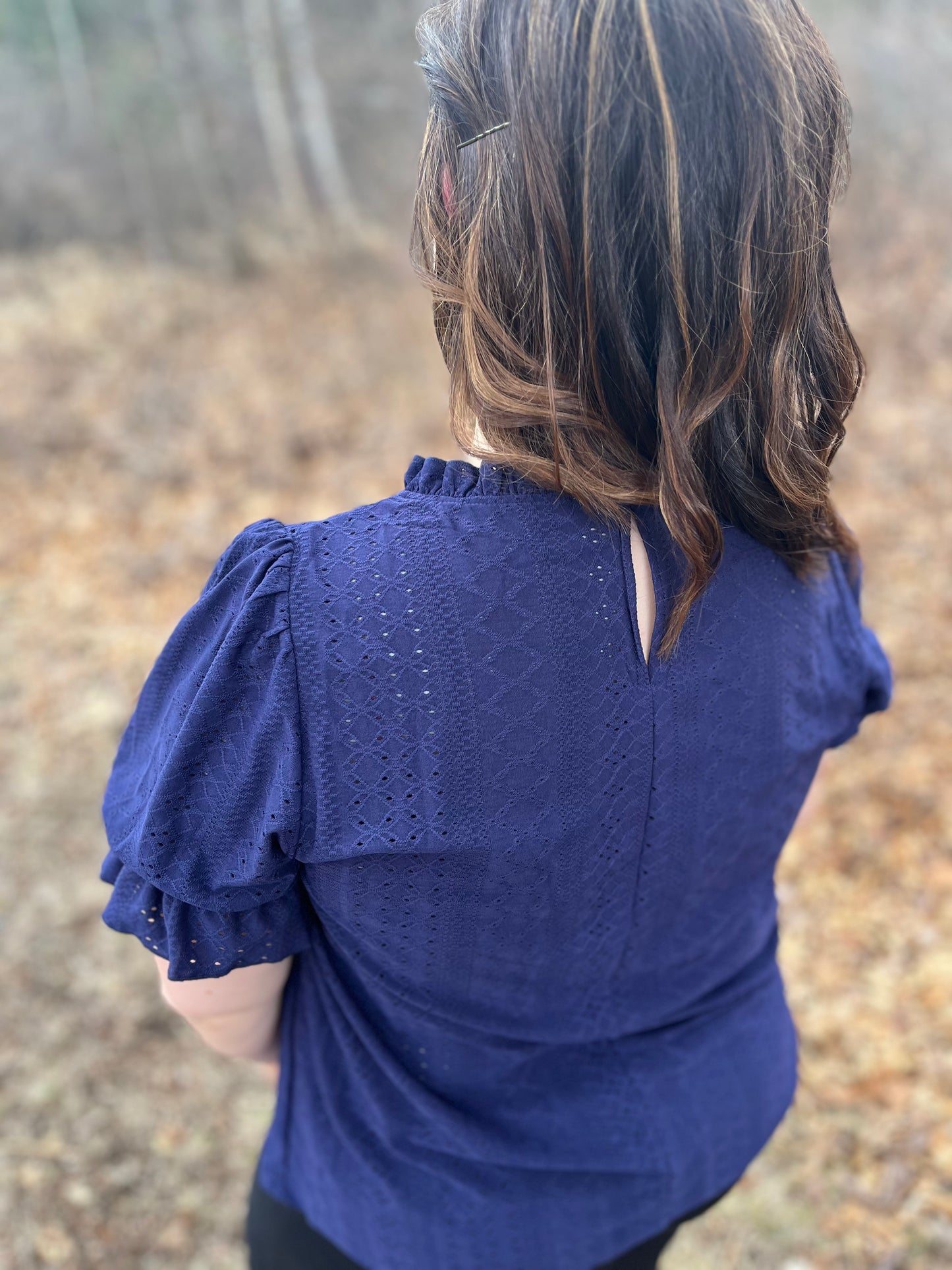 Navy Blue Lace Ruffle Blouse