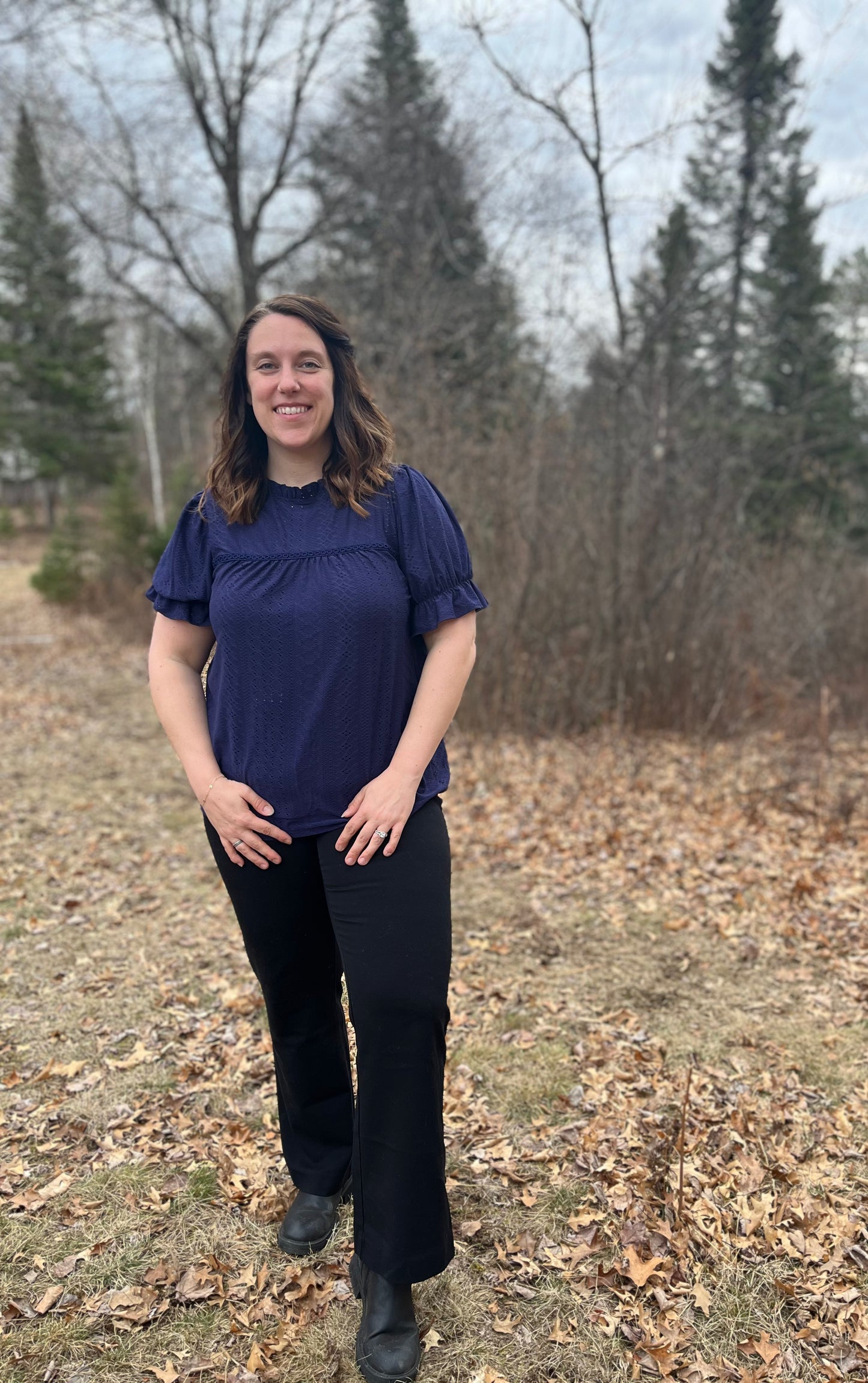 Navy Blue Lace Ruffle Blouse