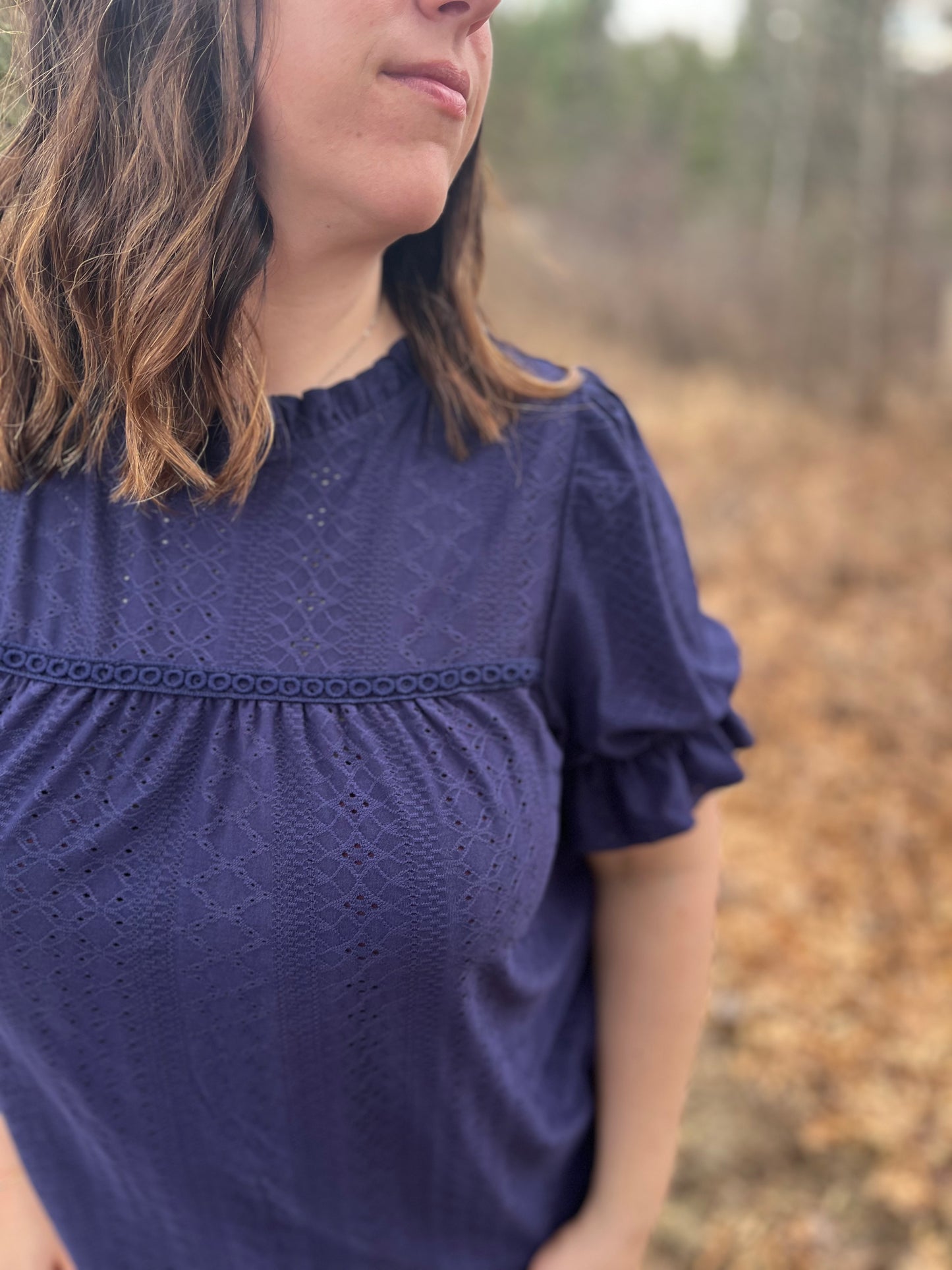 Navy Blue Lace Ruffle Blouse