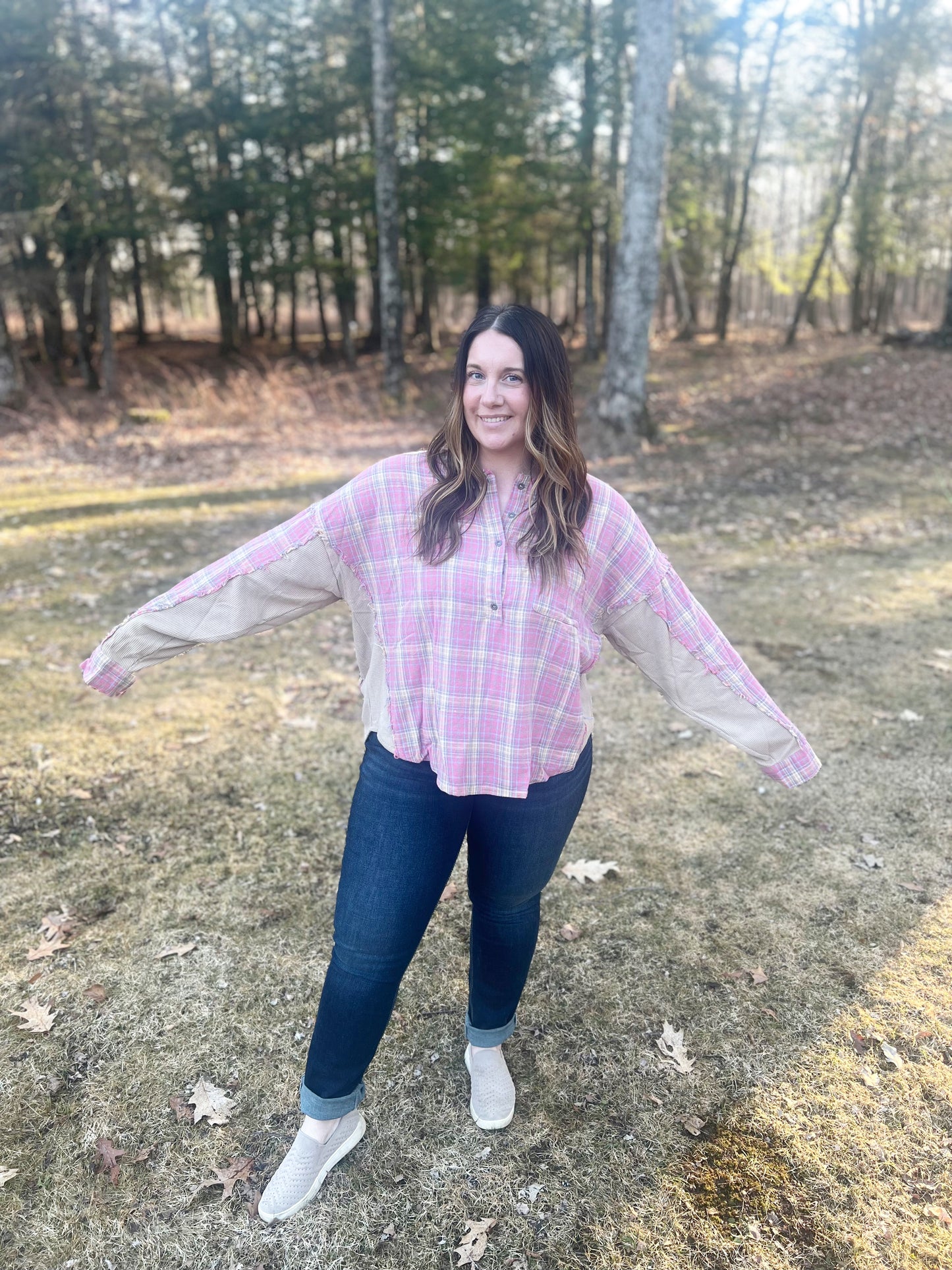 Pink Plaid Contrast Top