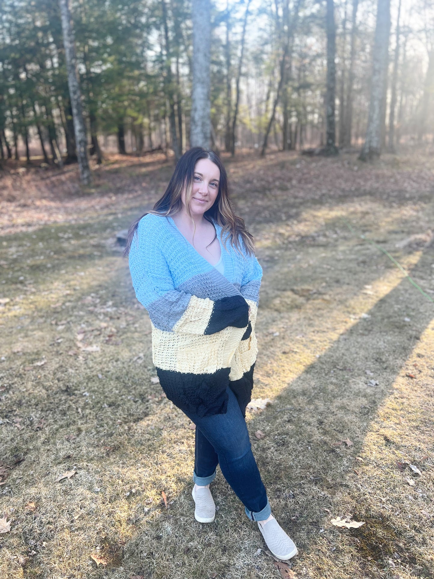 Blue-Yellow Color Block Knit Cardigan