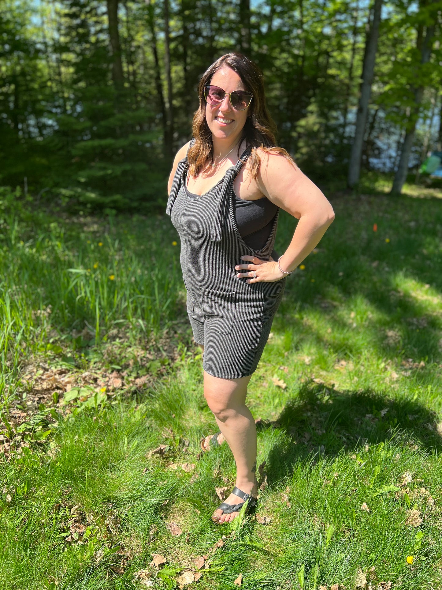 Dark Grey Ribbed Romper with Tie Tank Sleeves