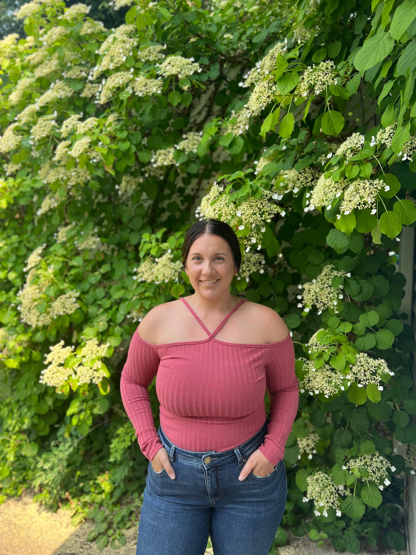 Off Shoulder Rib Knit Pink Bodysuit