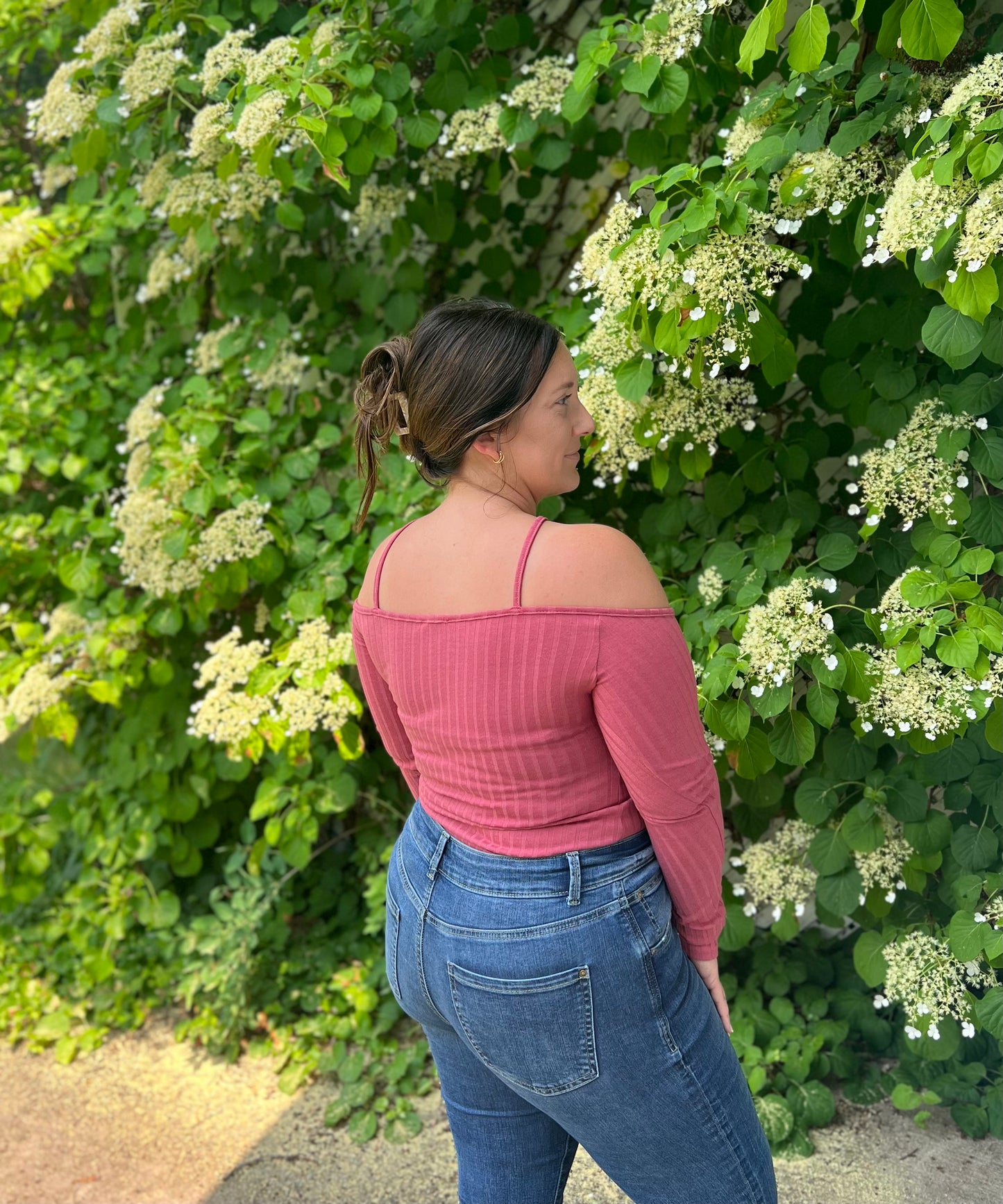 Off Shoulder Rib Knit Pink Bodysuit