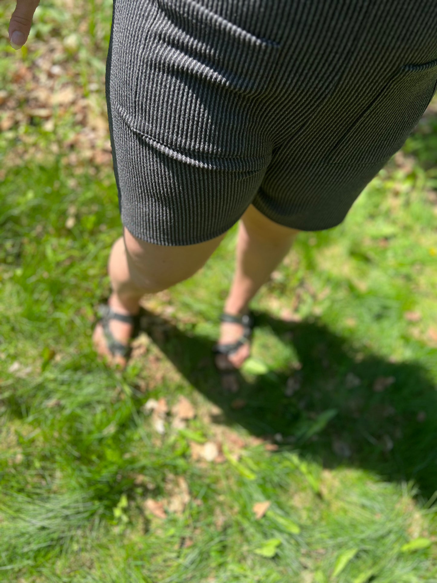 Dark Grey Ribbed Romper with Tie Tank Sleeves