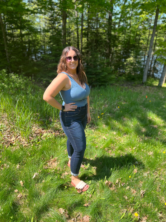 Ribbed Sleeveless Blue Bodysuit