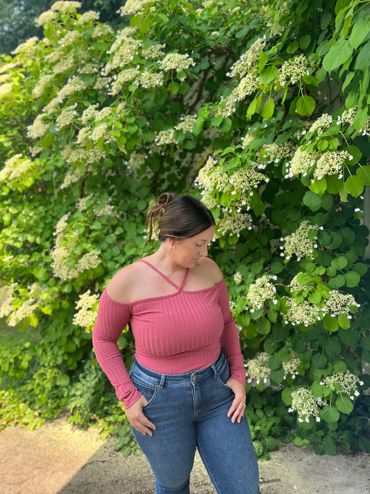 Off Shoulder Rib Knit Pink Bodysuit