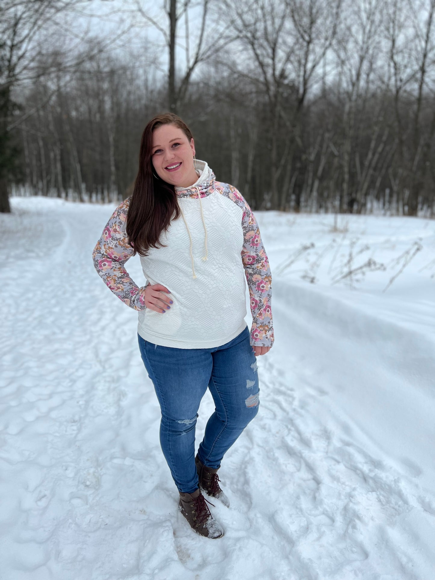 Plus Quilted Pink and White Floral Sweater