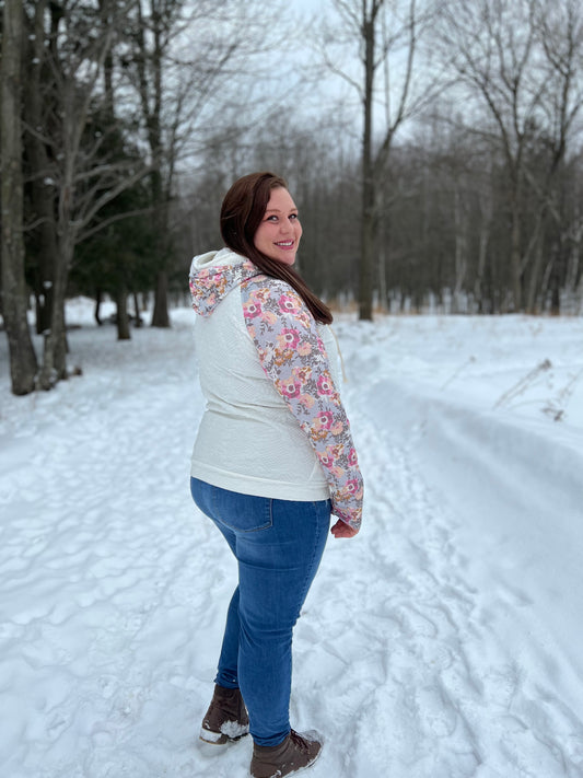 Plus Quilted Pink and White Floral Sweater