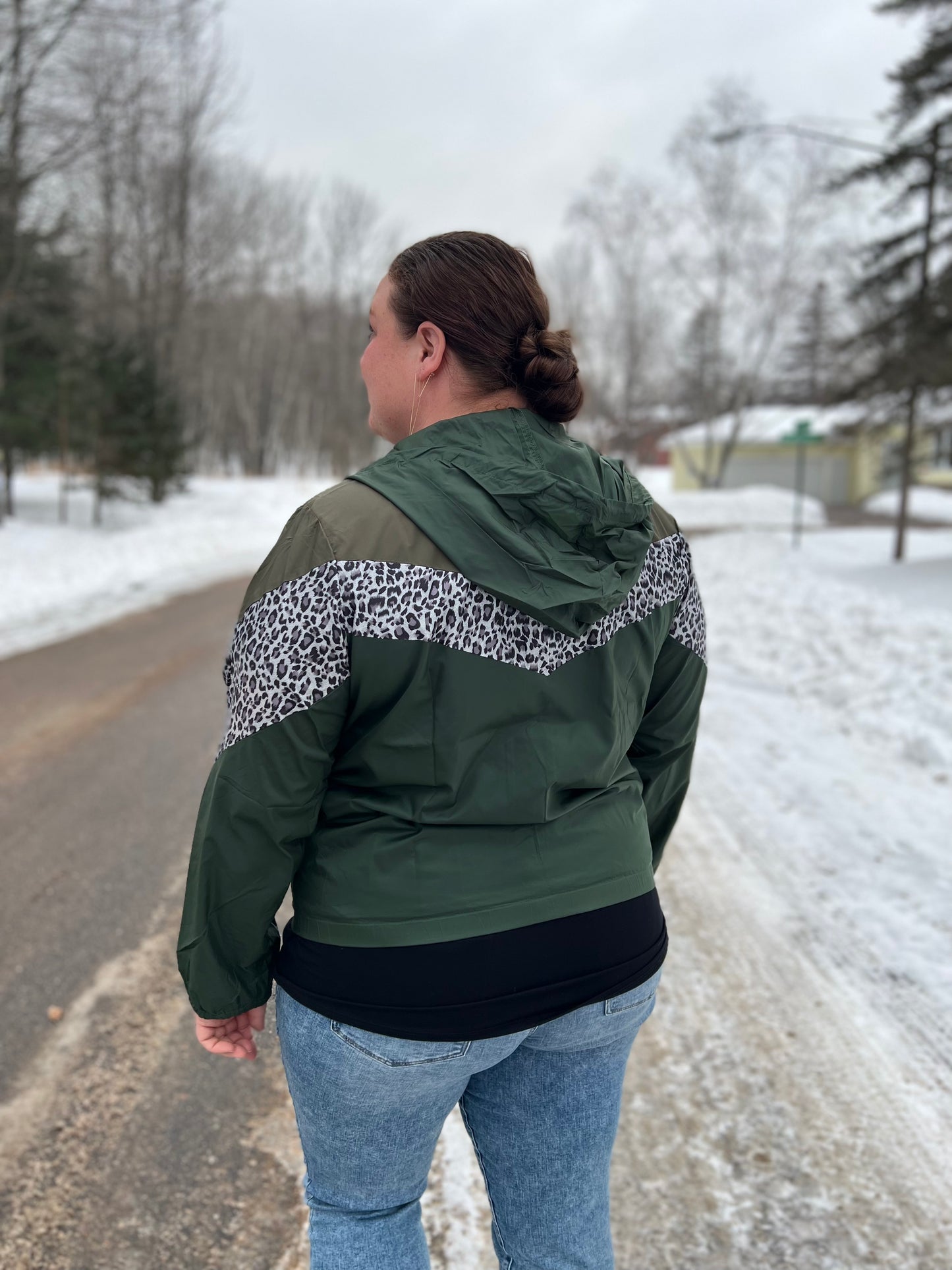 Plus Olive Leopard Color-Block Windbreaker