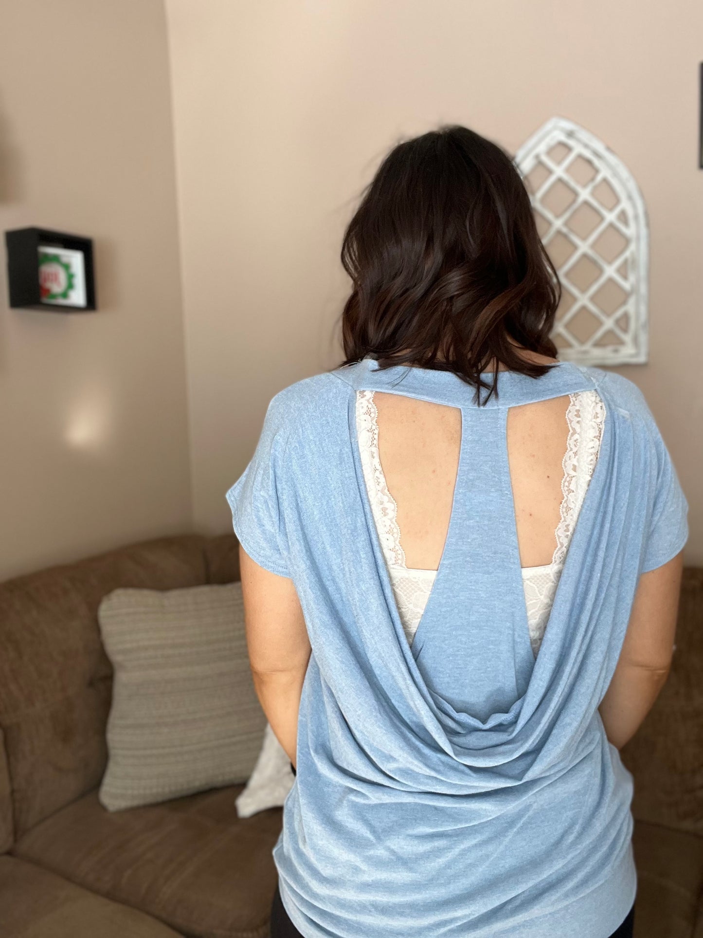 Blue Cutout Open Back Draped Short Sleeve Top