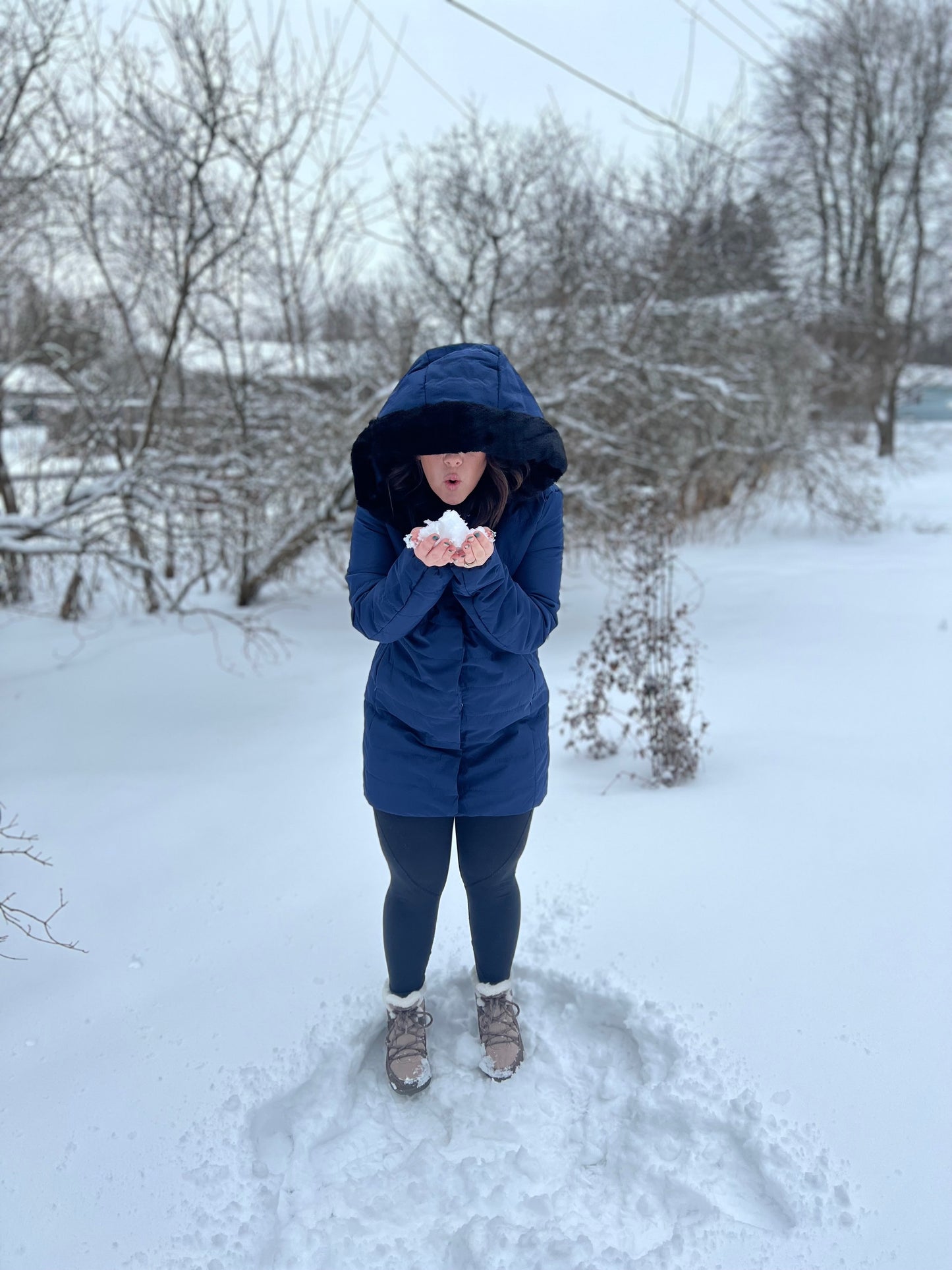 Faux Fur Blue Hood Puffer Coat Jacket