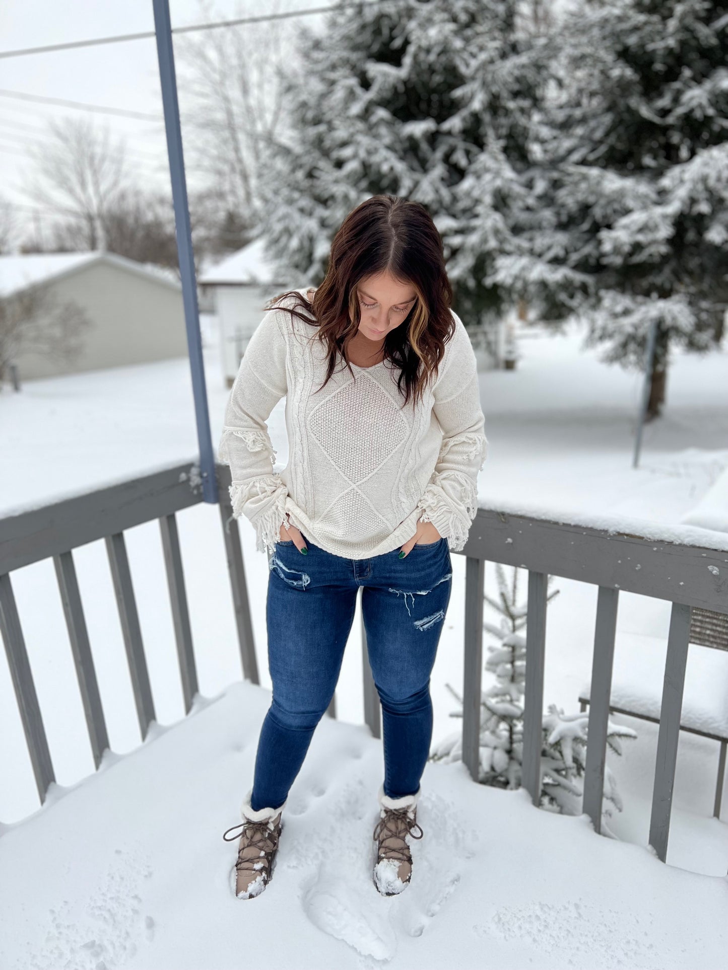 Long Tassel Sleeve White Causal Sweater