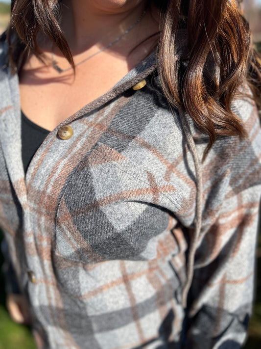 Grey and Brown Plaid Hoodie Shacket