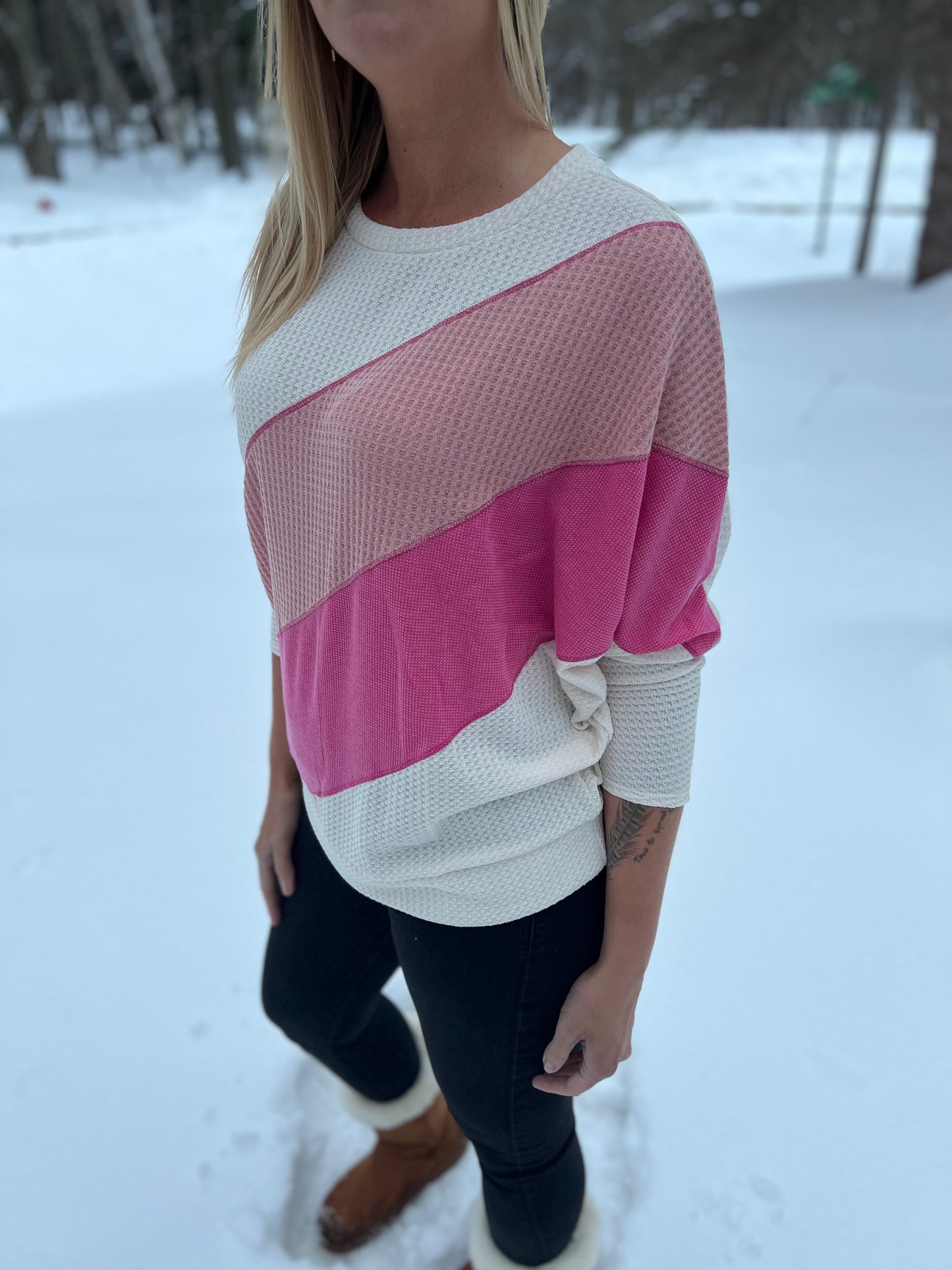 Pink Waffle Color-block Top