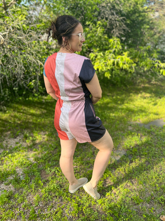 Striped Orange, Pink, White and Black V-Neck Romper