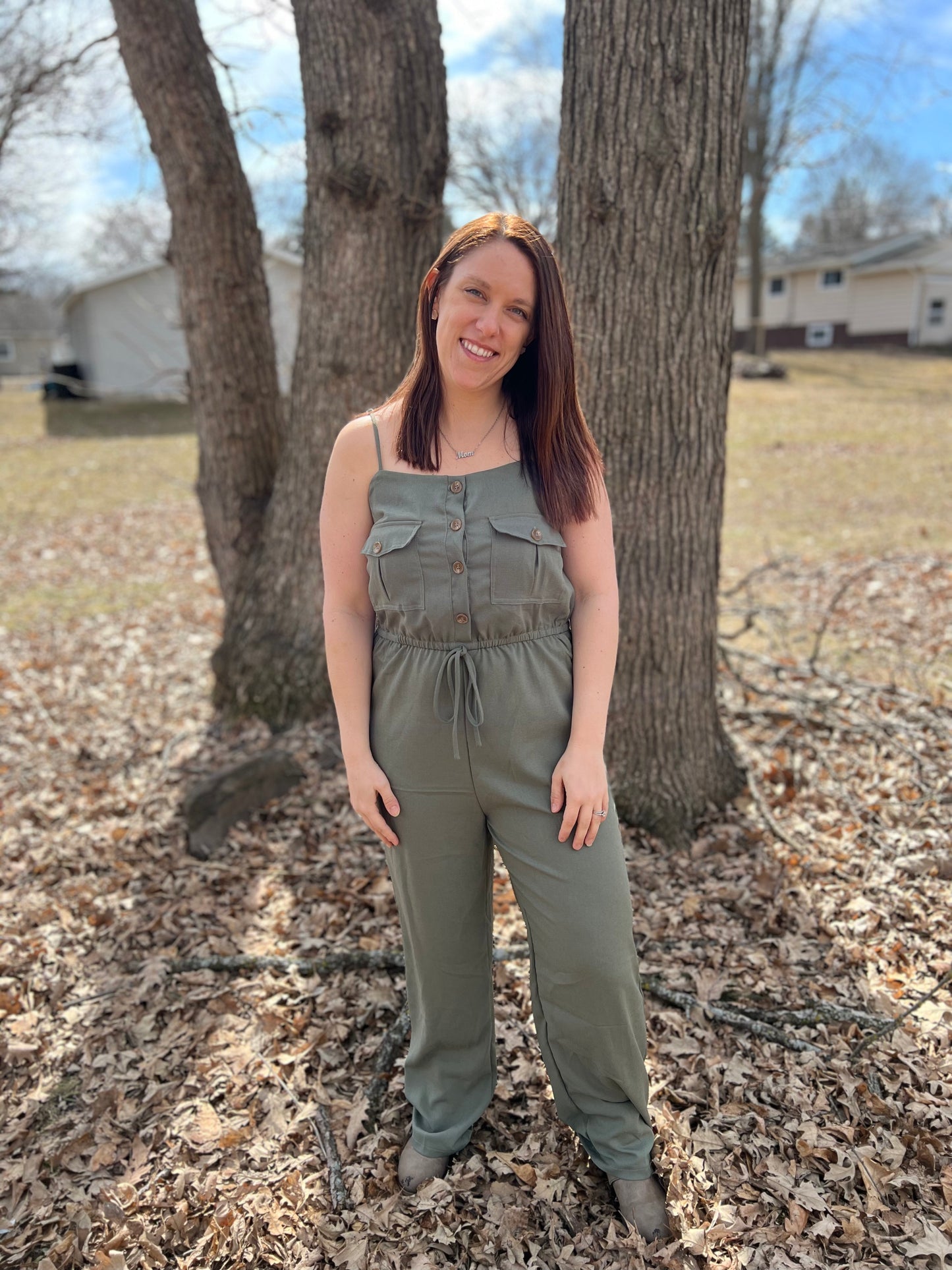 Olive Green Button-Down Jumpsuit