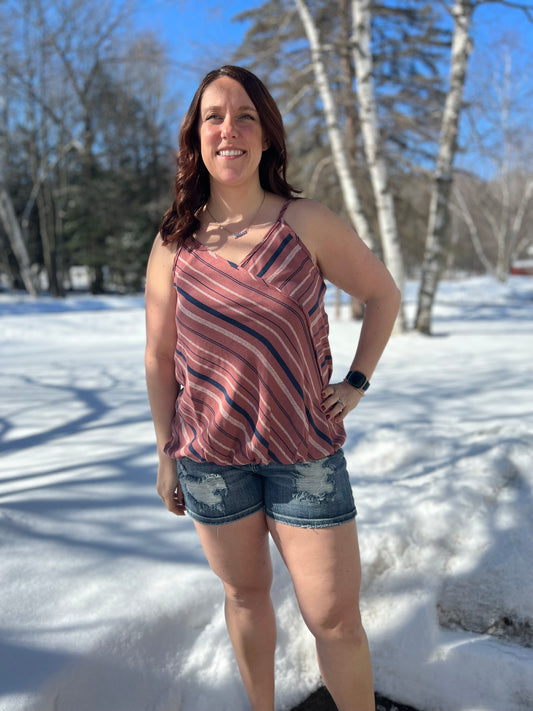 Striped Mauve Red Woven Spaghetti Strap Camisole Top