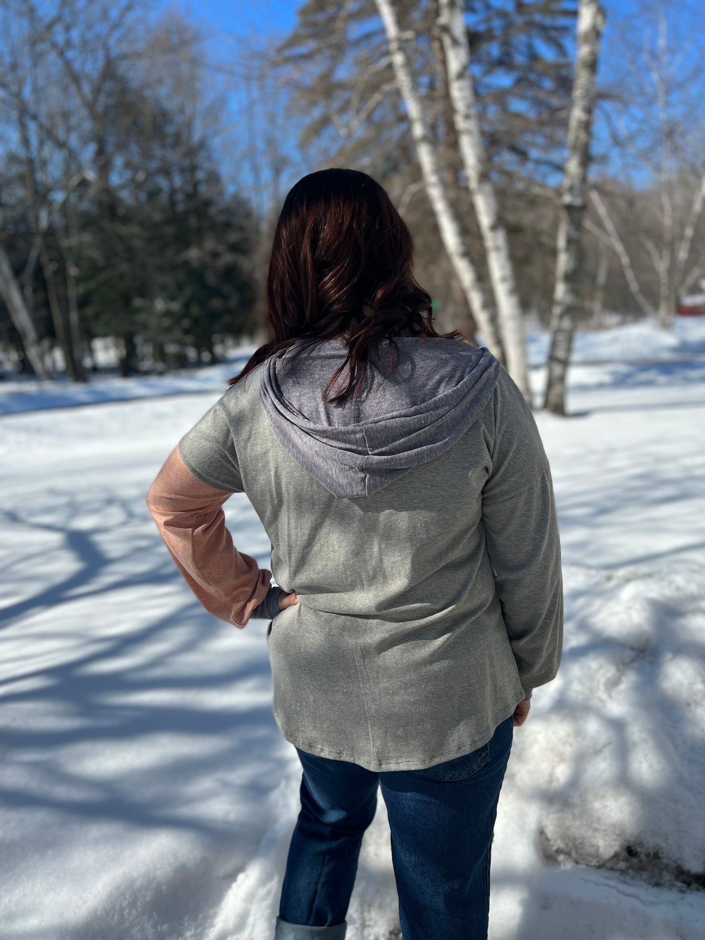 Grey/Mauve/Charcoal Color-block Hoodie