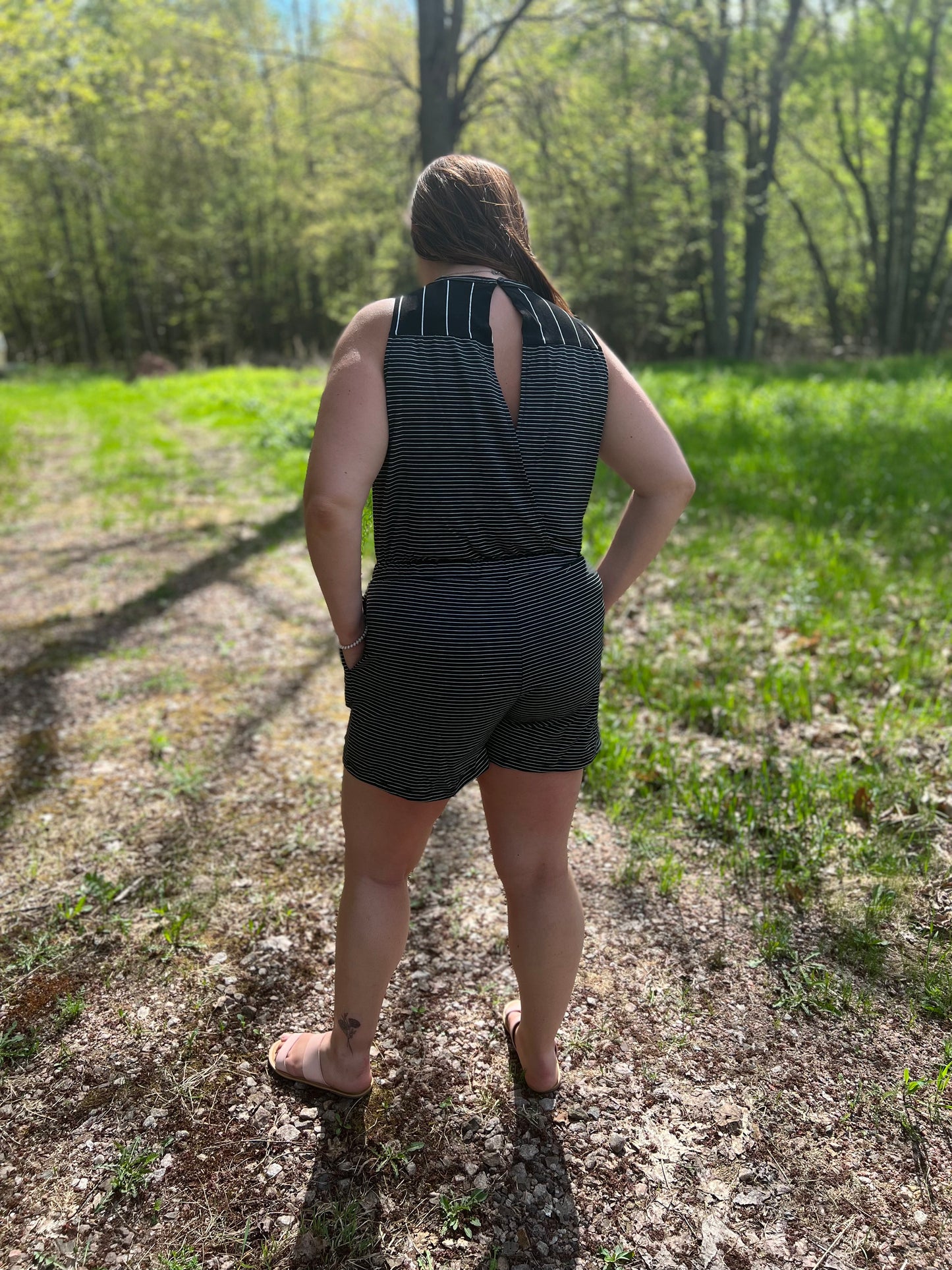 Black and white striped tank and shorts romper