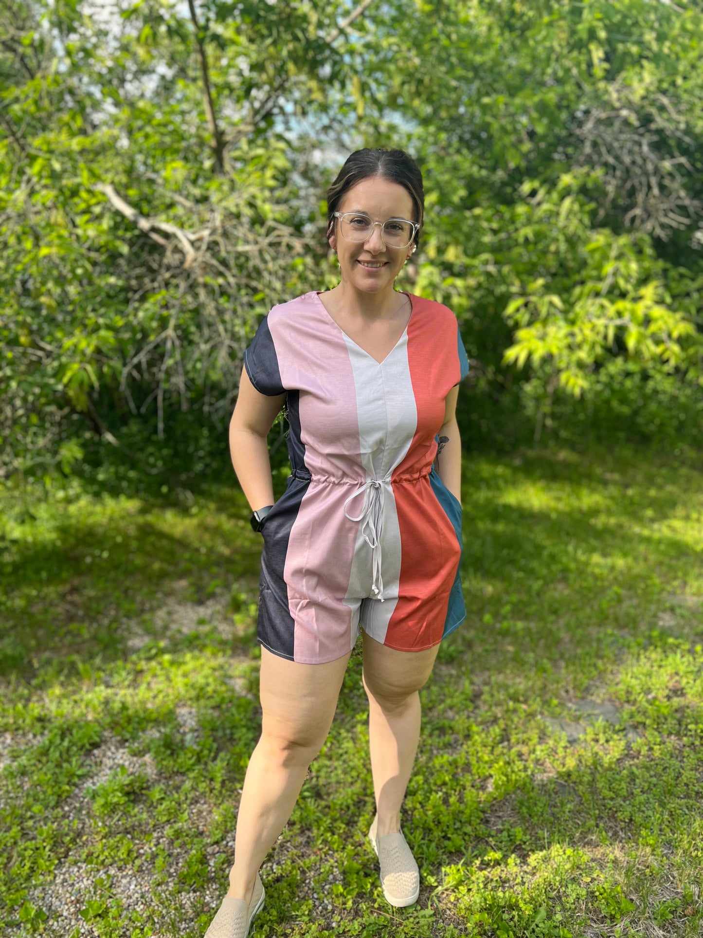 Striped Orange, Pink, White and Black V-Neck Romper