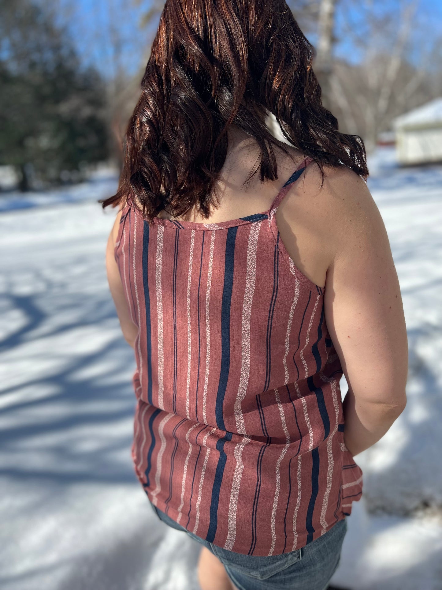 Striped Mauve Red Woven Spaghetti Strap Camisole Top