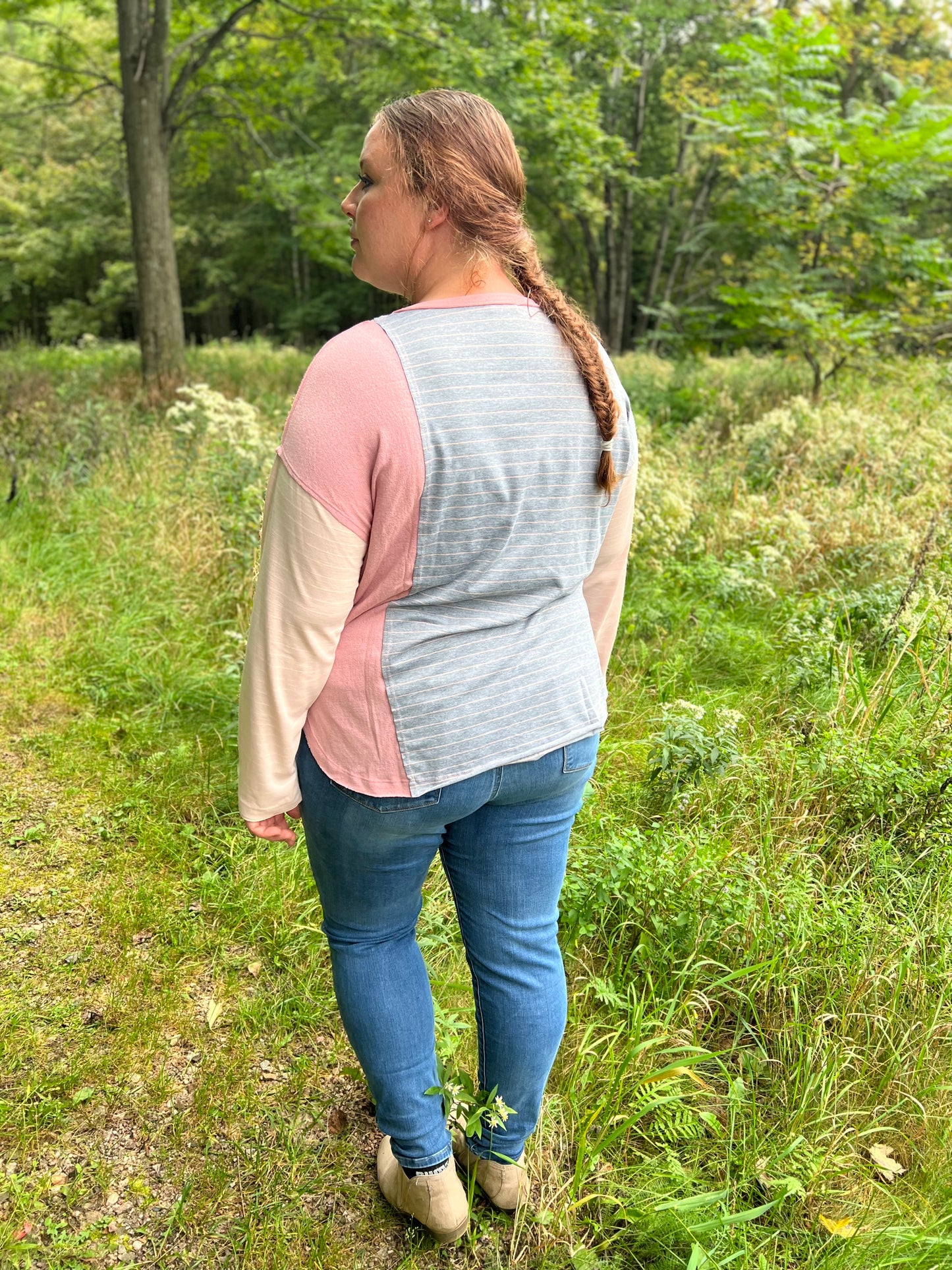 Plus Sized Grey and Pink Color Block Long Sleeve