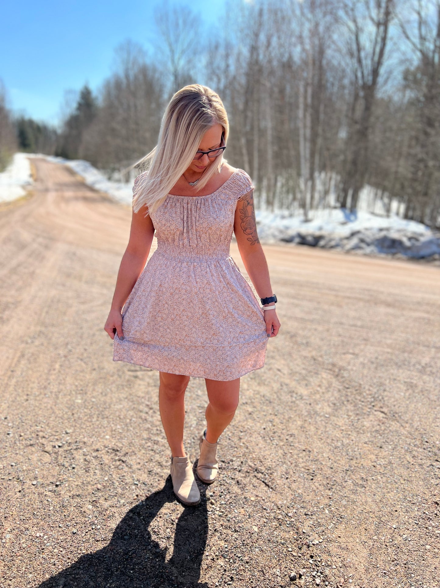 A floral print pink mini dress