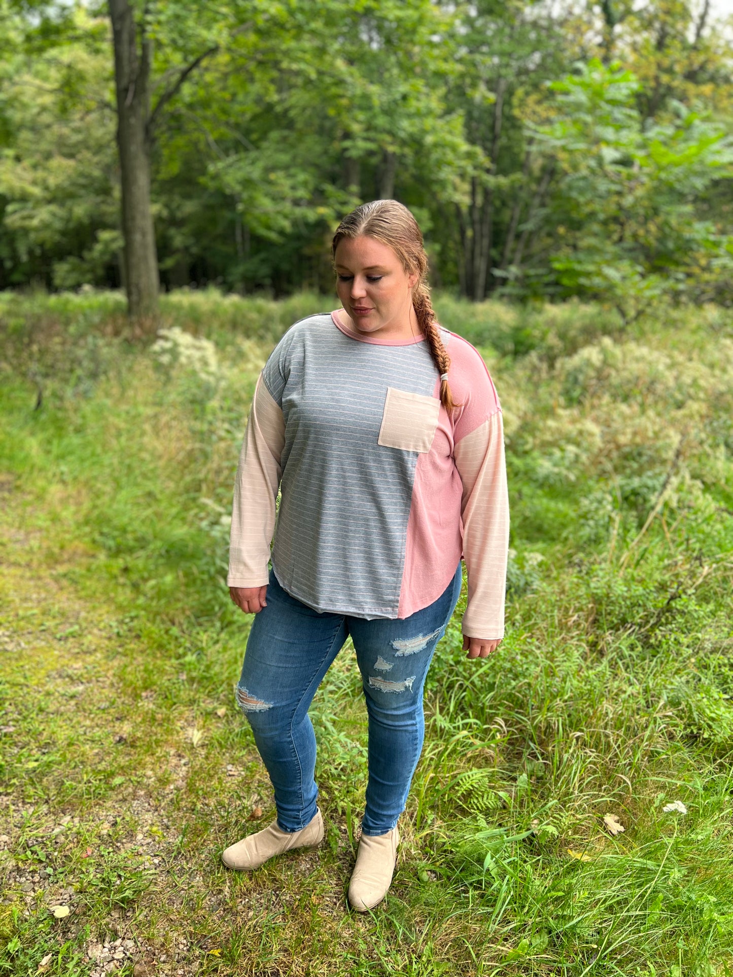 Plus Sized Grey and Pink Color Block Long Sleeve