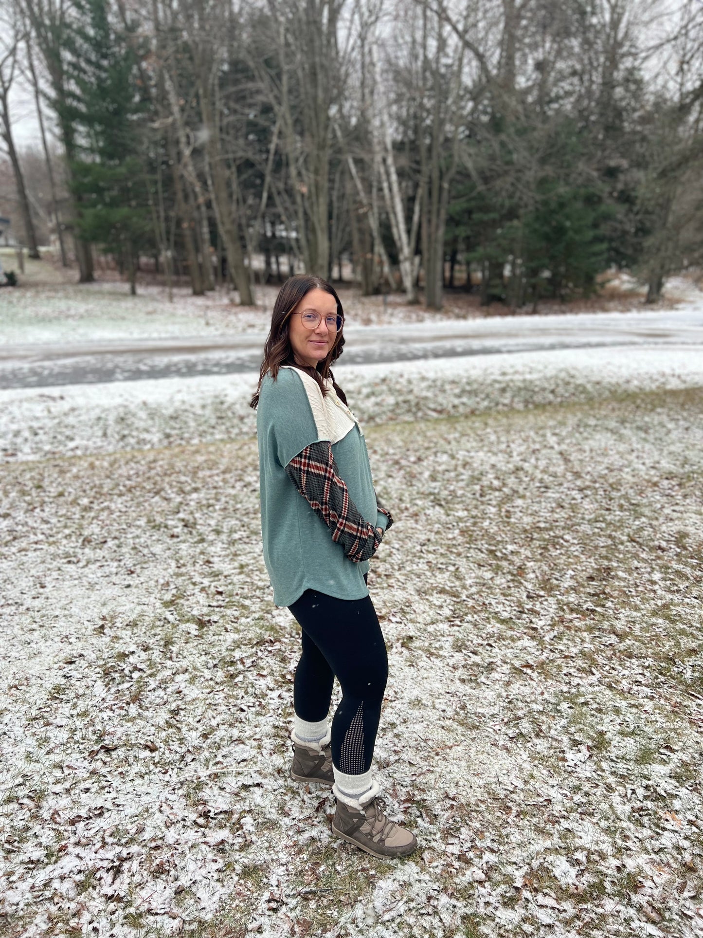 Teal Blue and Plaid Color Block Long Sleeve