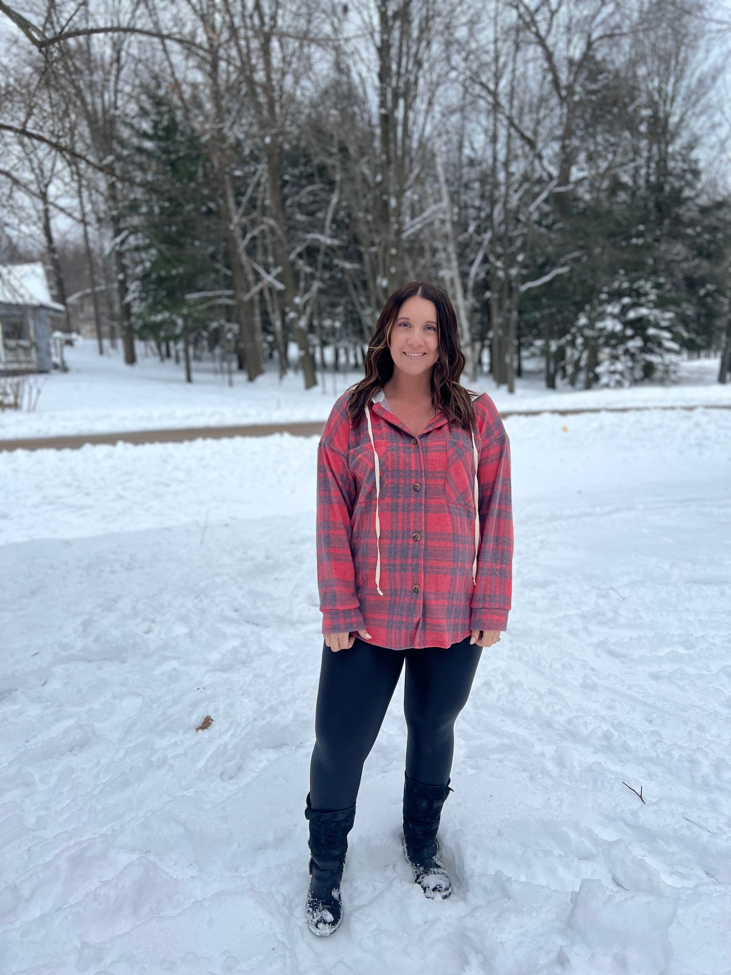 Red Plaid Button Down Hoodie