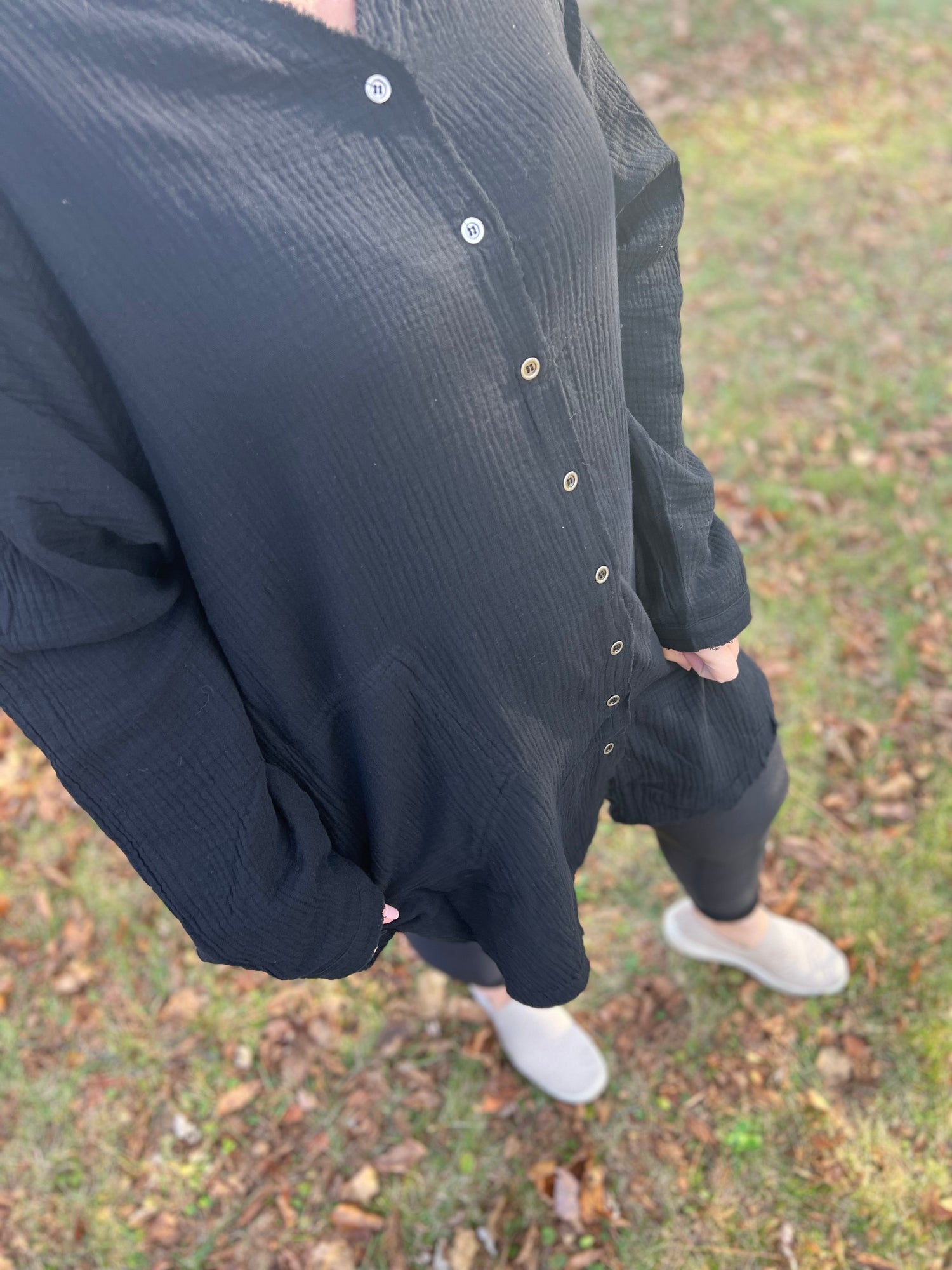 Black button-up long sleeve shirt dress 