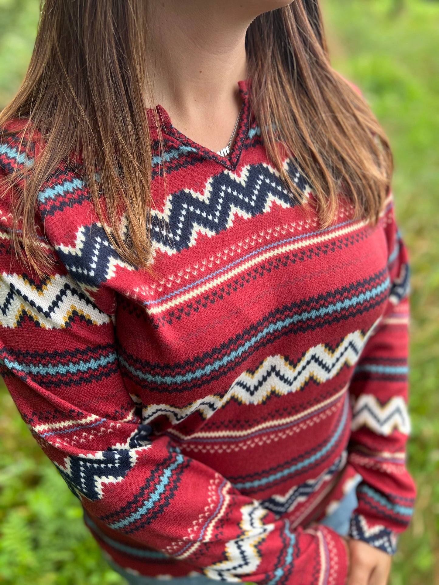 Red Aztec-Patterned Long Sleeve Top