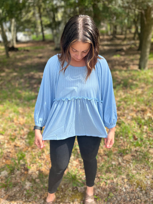 Blue Ribbed Peplum Top