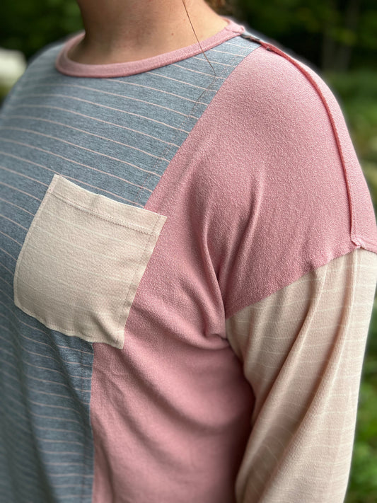 Plus Sized Grey and Pink Color Block Long Sleeve