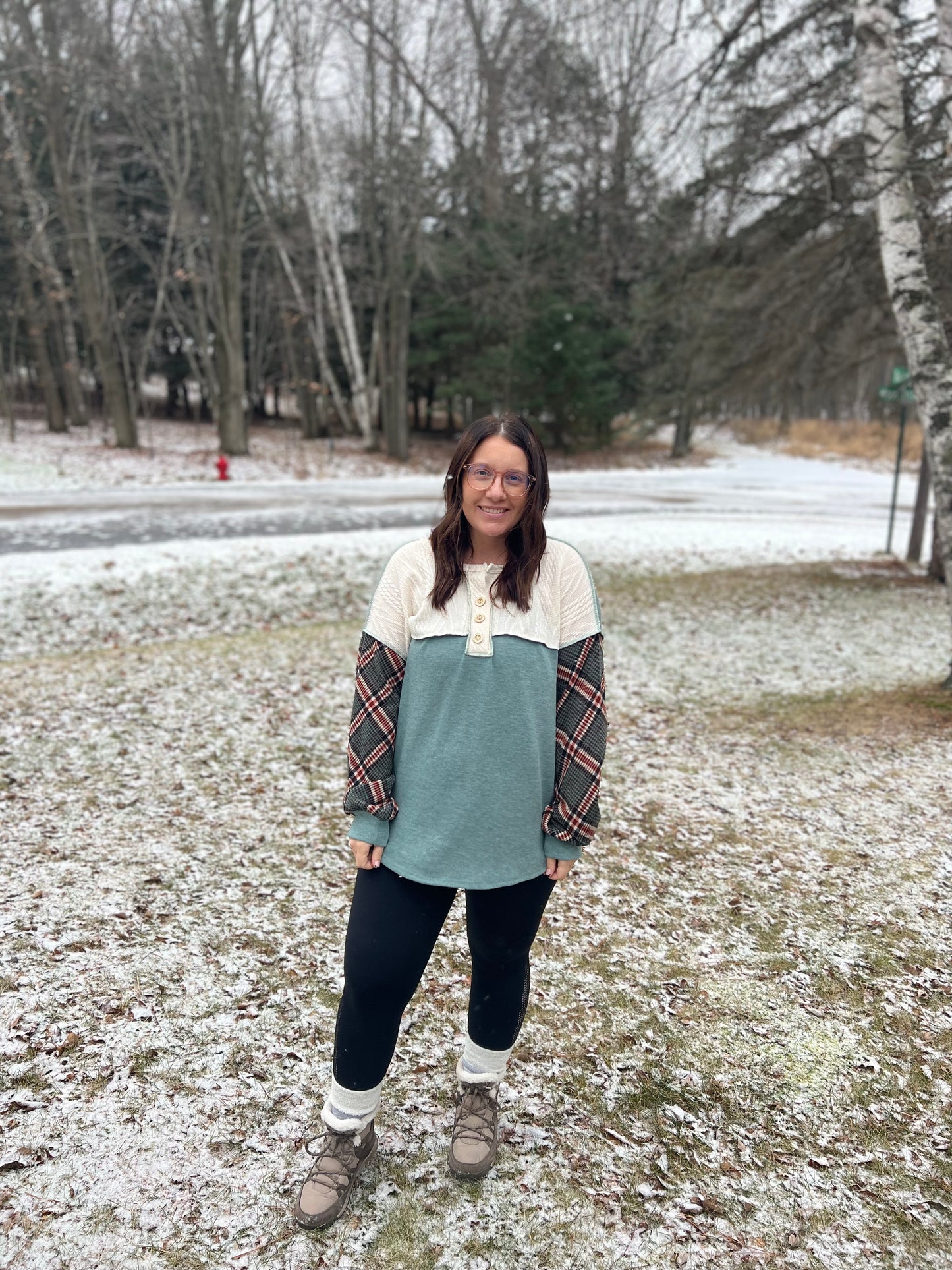 Teal Blue and Plaid Color Block Long Sleeve