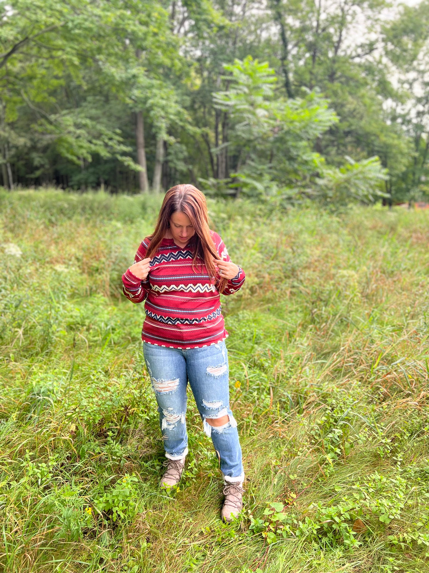 Red Aztec-Patterned Long Sleeve Top