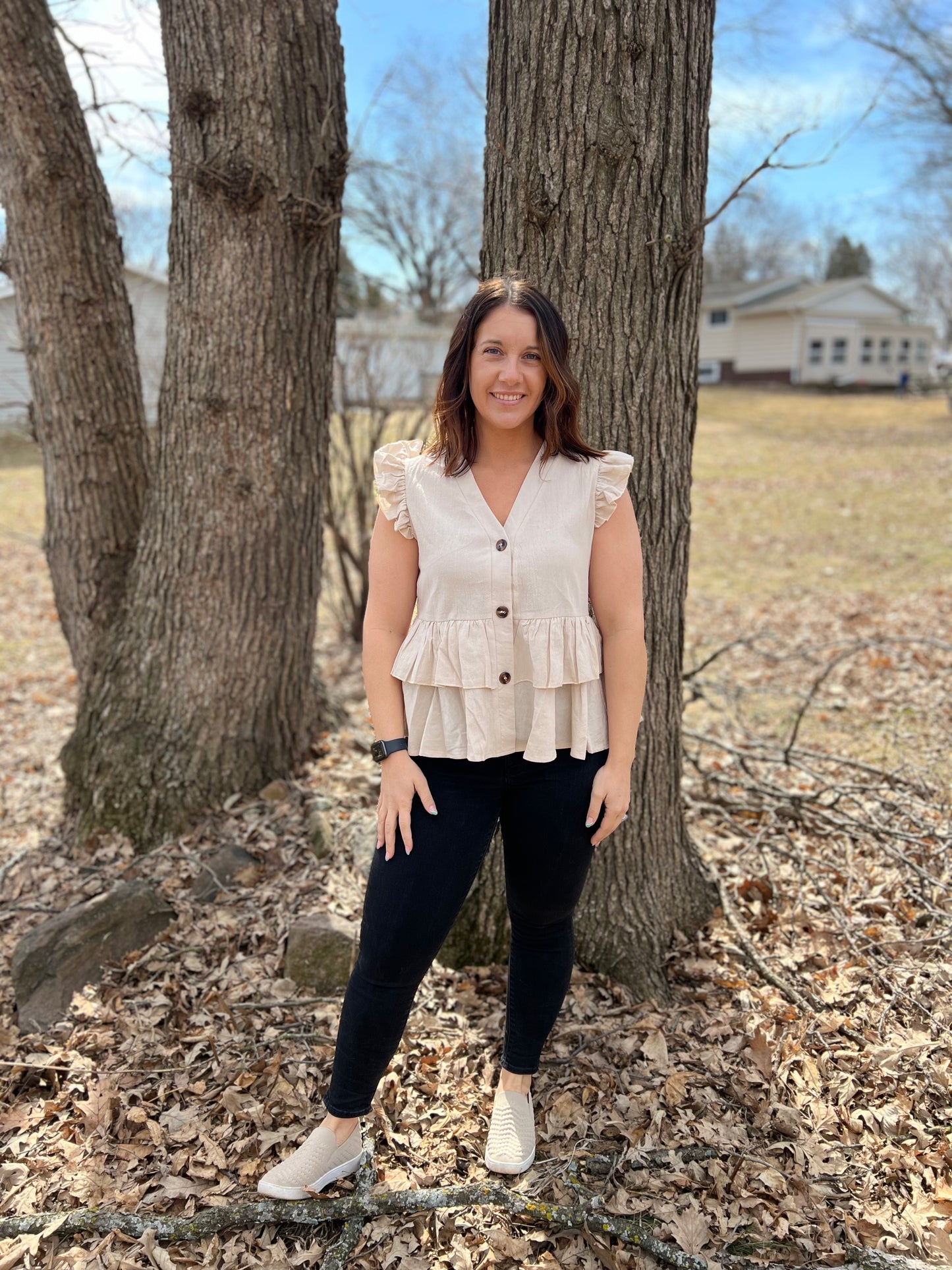 Beige button-up blouse with ruffle sleeves 