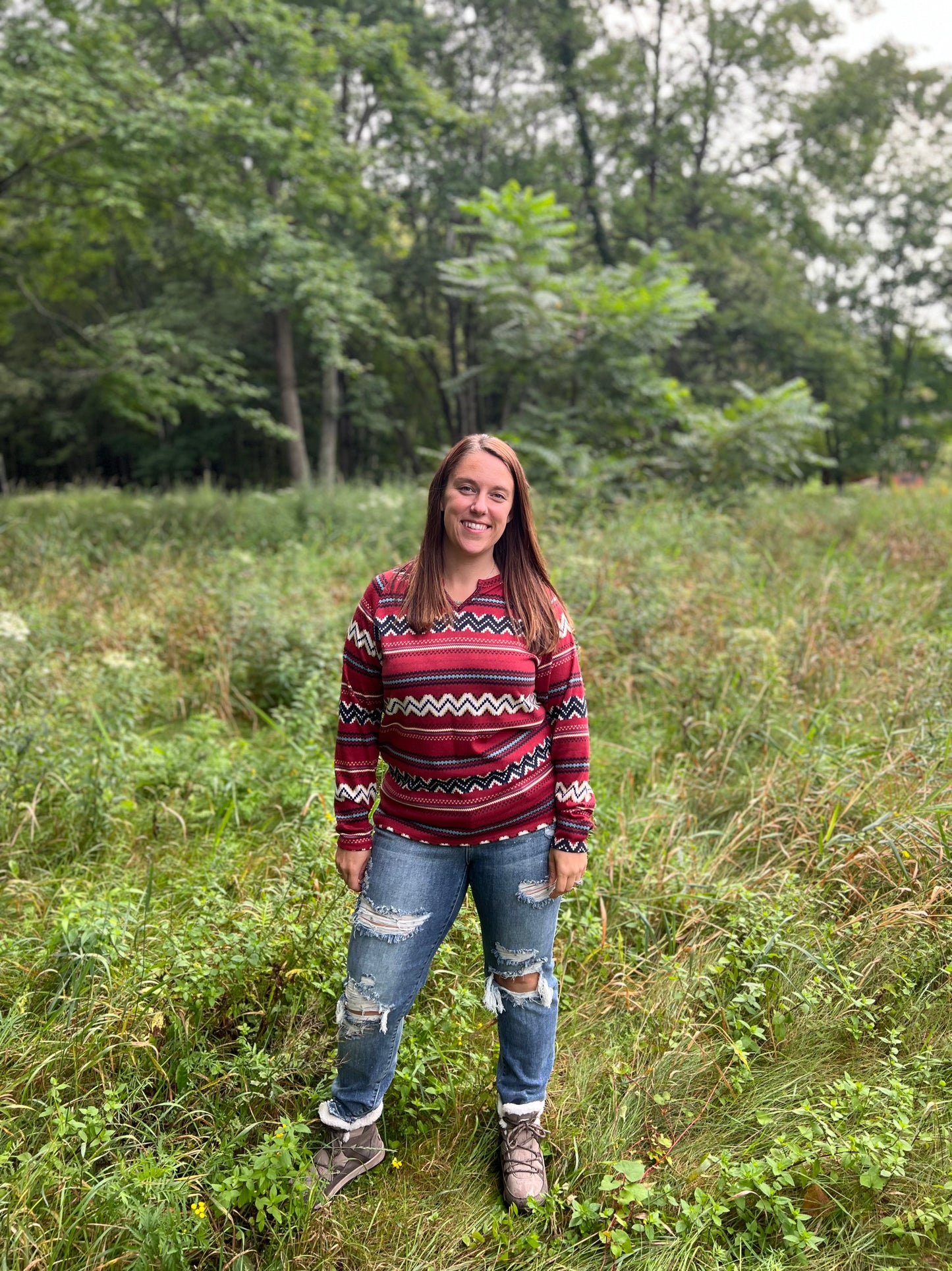 Red Aztec-Patterned Long Sleeve Top